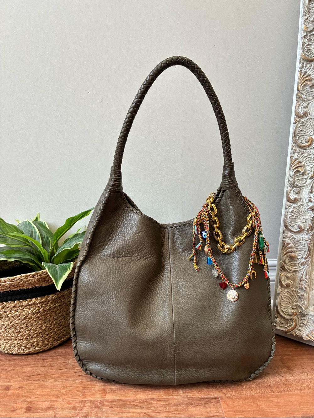 Margot Braided Leather Shoulder Bag, Olive Green